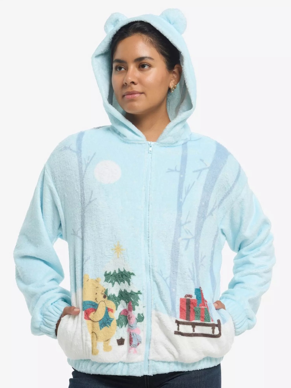 Her Universe Disney Winnie the Pooh Holiday Fleece Zip-Up Hoodie with ears.